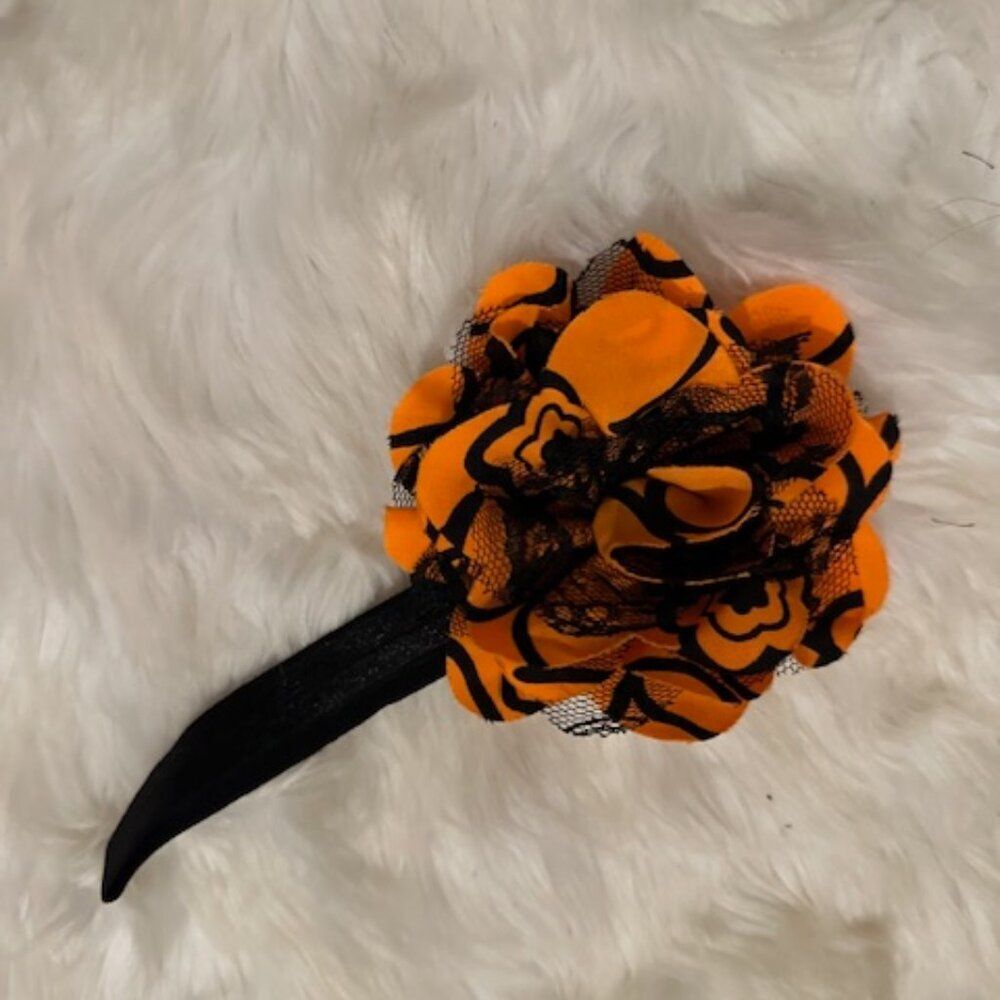 Orange & Black Chiffon & Lace 4" Flower on Black FOE Headband  7484  new
